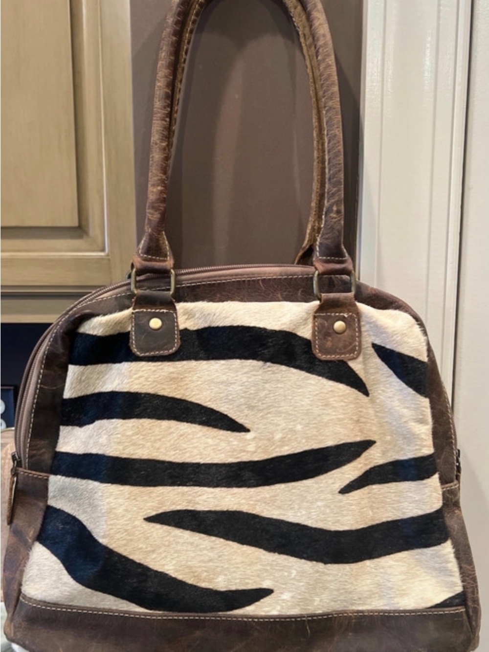 Myra Bag Brown Leather-Trim Zebra Shoulder Bag